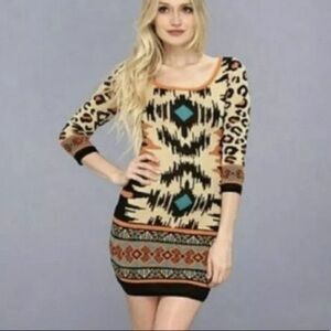 Flying Tomato Mini Aztec Tribal Bodycon sweater Dress, Size Medium